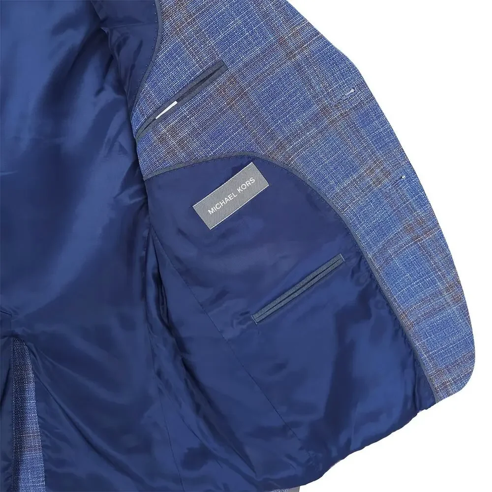 Michael Kors Mens Classic Fit Sport Coat Blazer 52R Blue Beige Plaid Stretch NWT